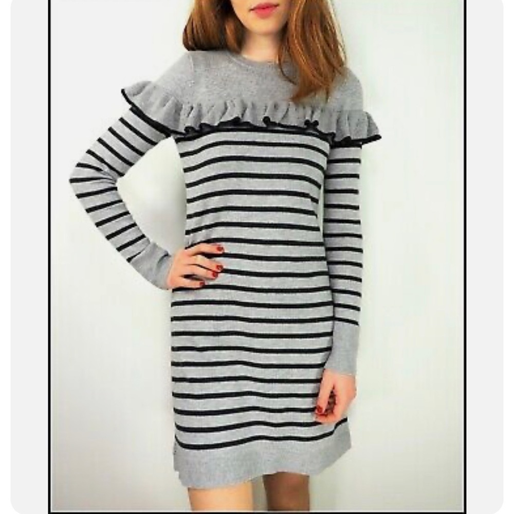 VINCE CAMUTO Women's Round Ruffle‎ Neck  Striped Knitted Sweater Dress Size S